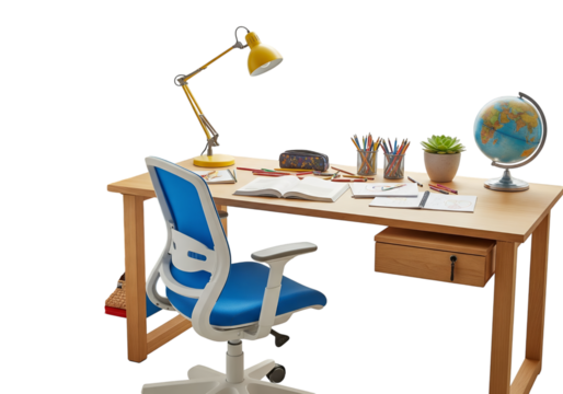Student's wooden desk with chair, lamp, globe, and school supplies.