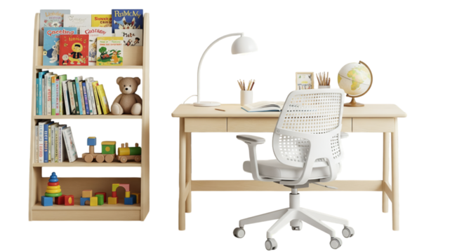 A child's wooden study desk with a white ergonomic chair and a matching bookshelf filled with books and toys, isolated on a white background.