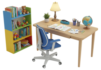 A brightly lit children's study area featuring a wooden desk, blue ergonomic chair, and a colorful bookshelf filled with books and toys.