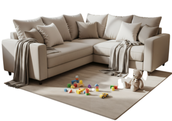 Cozy family living room with a comfortable beige sectional sofa, pillows, and children's toys on a soft rug, isolated on a white background
