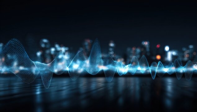 Abstract cityscape with glowing wave patterns - Powered by Adobe
