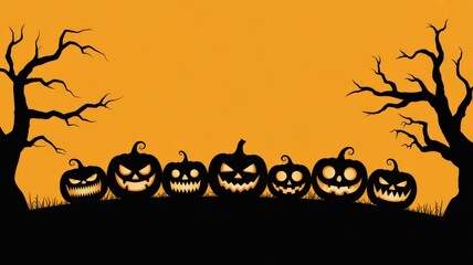 Silhouetted Jack O Lanterns with Trees on Orange Backdrop