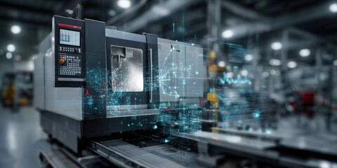 Industrial CNC machine with overlaid digital data