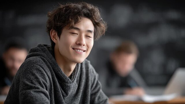 Asian Youth Smiling While Studying Attentively in Classroom
