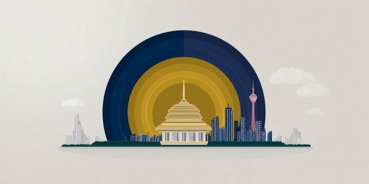 Flat Icon Illustration of Modern Cityscape with Iconic Temple and Skyline for Mobile Apps and Thematic Decor