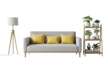 A modern living room setup featuring a gray sofa with yellow cushions, a wooden tripod floor lamp, and a tiered plant shelf.