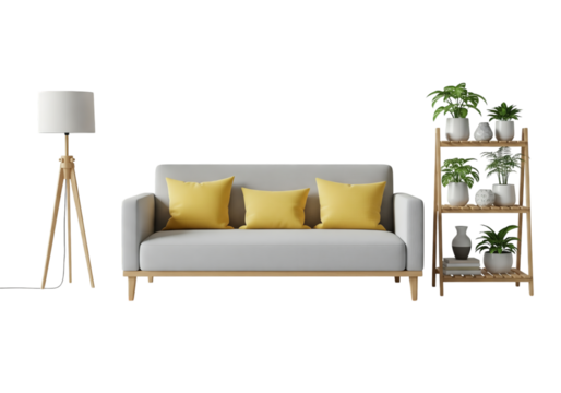 A modern living room setup featuring a gray sofa with yellow cushions, a wooden tripod floor lamp, and a tiered plant shelf.