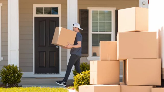 Man moving cardboard boxes from a truck to a new home. Relocation and delivery service concept for residential moving footage.