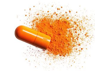Orange capsule atop a burst of orange powder