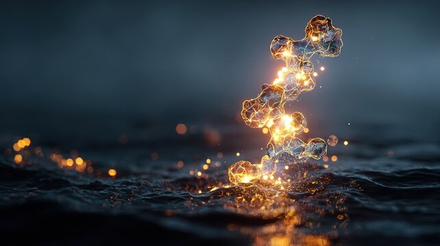 A single, complex, glowing molecule emerges from a dark, primordial aqueous solution, symbolizing the spark of life.