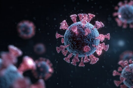 virus particle under electron microscope, floating in black space