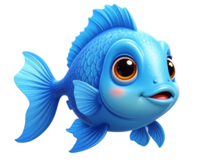 3D Cartoon Blue Fish Swimming Isolated on Transparent Background PNG