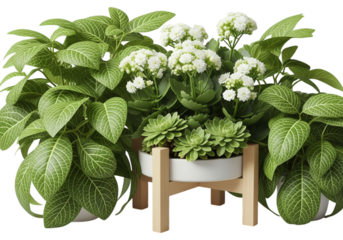 A collection of lush green houseplants in white pots, with a central arrangement of succulents and white flowers on a wooden stand against a clean white background.