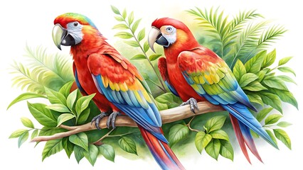 Obraz premium Two vibrant scarlet macaws perched on a branch amidst lush green tropical foliage, a beautiful depiction of natures artistry