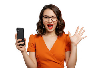Fototapeta premium Excited woman holding phone and waving hello against black background
