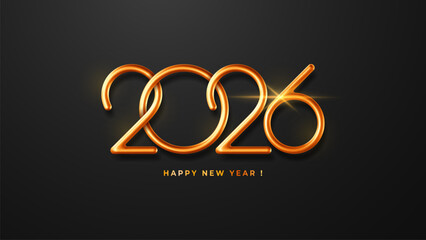 2026 New Year greeting card, elegance horizontal banner template. Luxury 3d realistic thin golden metallic numbers 2026 isolated on black clean background. Vector illustration