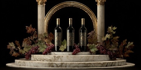Wine bottles displayed on a tiered marble stand, adorned with grape leaves and clusters of grapes, framed by ornate gold columns and a circular arch