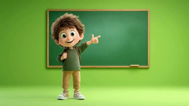 Cute 3D animated boy student standing in classroom pointing at chalkboard, school education concept, playful children learning theme, cartoon child character design for academic illustration.