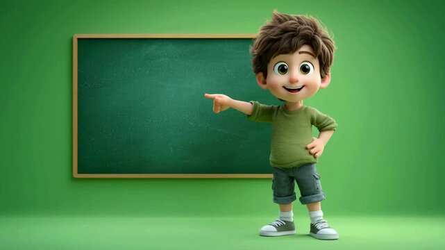 3D cartoon animation of schoolboy character standing proudly in front of chalkboard, educational children learning theme, cute classroom student academic design in animated concept.