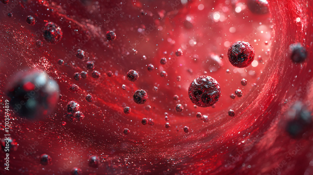 Poster red liquid flowing with many dark metallic spheres floating inside a swirling pattern