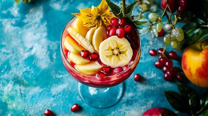 Colorful fruit falooda with sliced banana, apple, pomegranate and grapes in glass