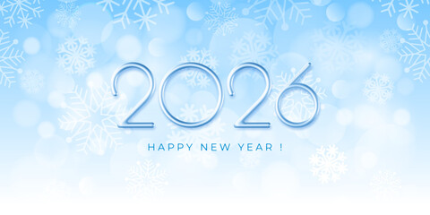 2026 New Year greeting card, elegance horizontal banner template. Luxury 3d realistic thin chrome metallic numbers 2026 on blue winter snowy background with snowflakes and bokeh. Vector illustration