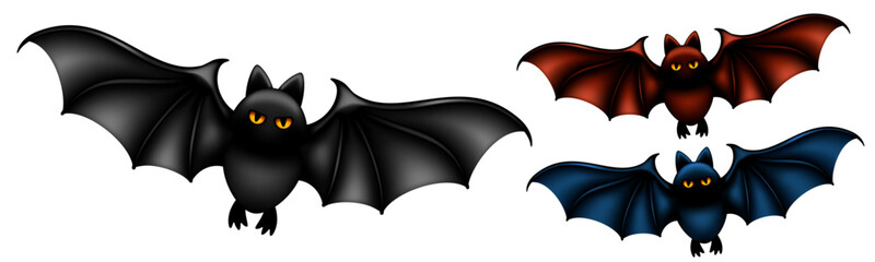 Flying bats set. Cute cheerful and scary Halloween character. 3D volumetric stylized vampire animal with large wings and yellow eyes. Vector illustration 