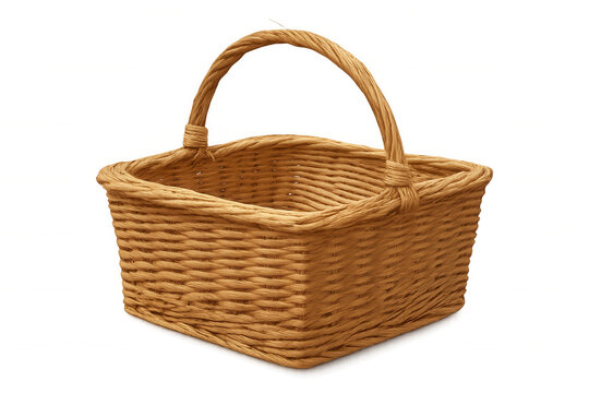 Woven wicker basket with arched handle, isolated on transparent background, ready for compositing
