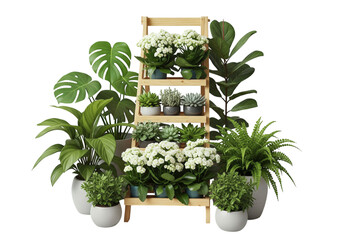A collection of various green houseplants in grey pots arranged around a wooden ladder shelf against a white background.