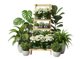 A collection of various green houseplants in grey pots arranged around a wooden ladder shelf against a white background.