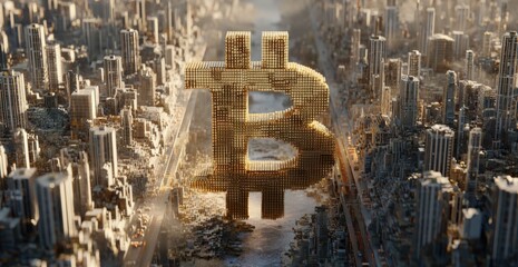 Digital city with a Bitcoin symbol