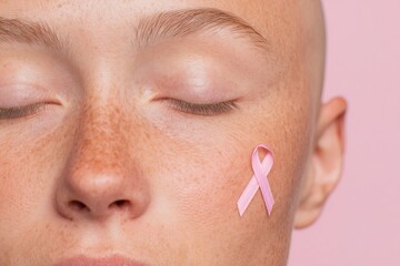 Woman with a pink ribbon on her face, symbolizing breast cancer awareness, poses against a soft pink background