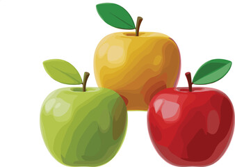 A Trio of Fresh Fruit Featuring a Bright Red Apple a Vibrant Green Apple and a Sunny Yellow Apple with Leafy Stems Ready for Healthy Snacking
