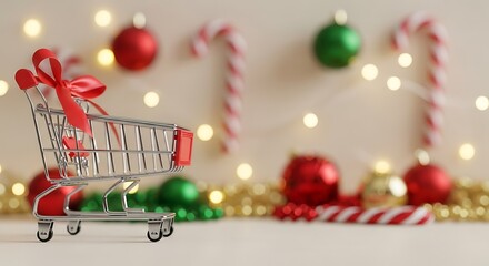 an empty miniature shopping cart set against a softly blurred background filled with classic Christmas decorations. symbolizing anticipation or the start of holiday preparations