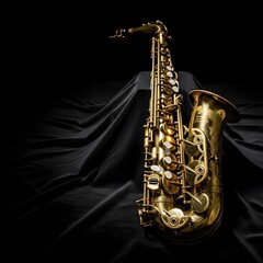 Fototapeta premium Studio portrait of a classic golden brass saxophone musical instrument poised elegantly on a draped black cloth background