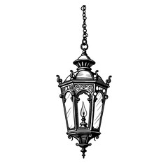 Vintage hanging lantern illustration in black and white perfect for Halloween haunted house and spooky night decoration themes - Halloween - lantern - haunted - vintage - decor © Evgenia