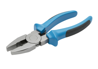 A close-up shot of a pair of blue and black combination pliers, a versatile tool for gripping and cutting