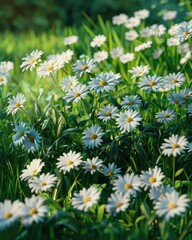 A vibrant field of daisies blooming under soft sunlight in a lush green meadow, evoking tranquility
