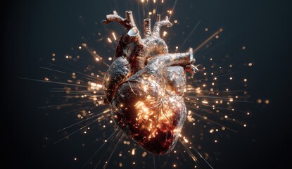 3D heart, sparks,  dark