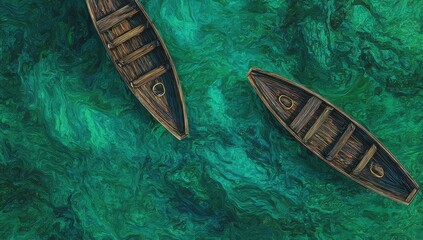 Two wooden boats on a swirling teal water surface