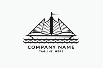 Black lined sailboat rests on wavy water with a flag at its peak