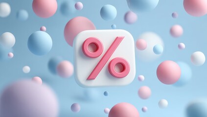 Pastel-colored 3D spheres background with a percentage icon