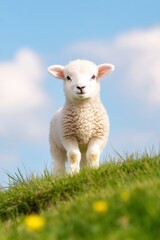 Obraz premium A fluffy lamb stands on a grassy hill under a bright blue sky, showcasing its adorable features, This image is perfect for agricultural themes, animal welfare campaigns, or children's content,