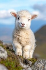 Adorable lamb standing on rocky terrain, showcasing its fluffy wool and bright eyes against a blurred natural backdrop, ideal for agricultural themes, farm promotions, or nature-related projects,