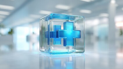 A glass cube with medical plus signs