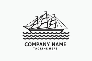 Black outline ship sails upon wavy sea in simple nautical representing voyage