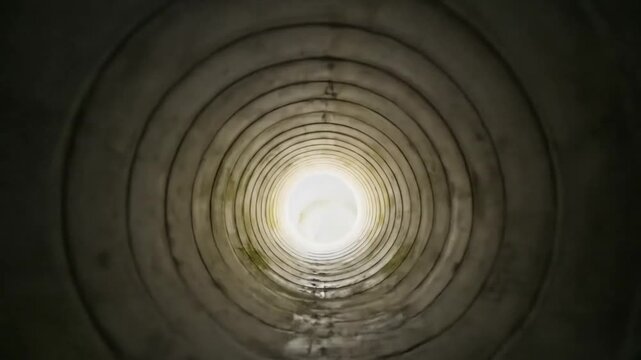 Large concrete pipes are arranged in a tunnel shape, the camera angle inside the pipe is facing outwards.