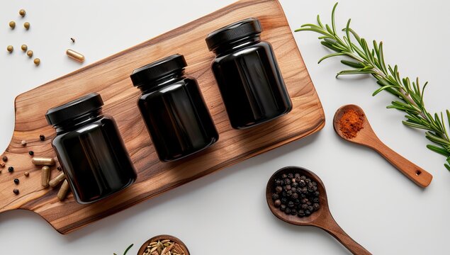 Three dark glass bottles sit on a wooden board, surrounded by various spices and herbs on a white background. The image is clean and suggests a natural health or supplement product