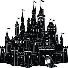 Obraz premium A majestic castle silhouette, showcasing intricate towers, flags, and detailed architecture, evoking a sense of fairytale fantasy and medieval grandeur