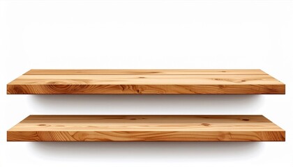 Two Tiered Rustic Wooden Shelves Against a Clean White Background Displaying an Empty Space